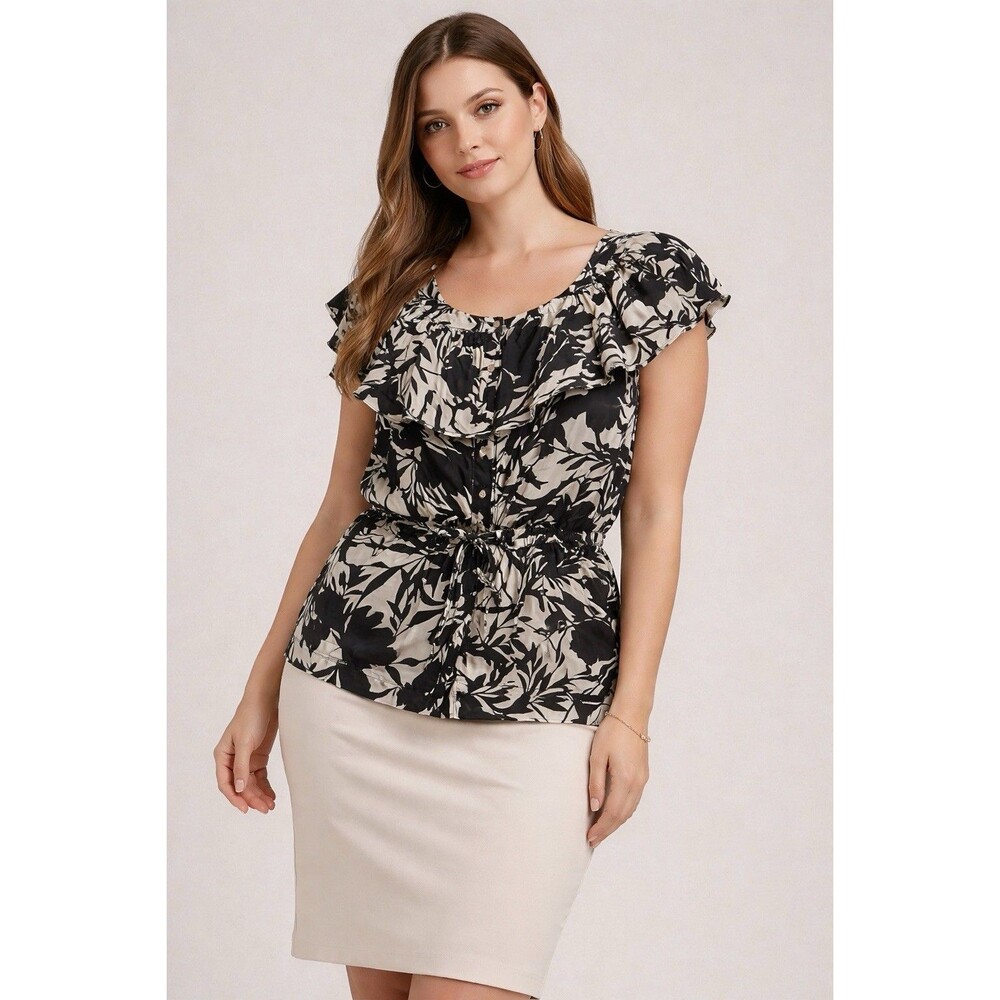 Alfani Size 10 Silk Ruffle Blouse Black Ivory Floral Button Front Tie Waist Top